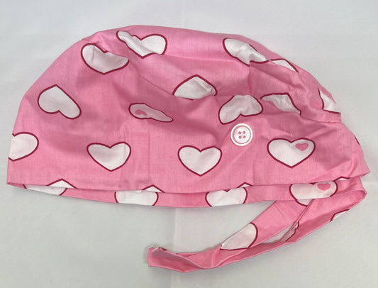 Pink & White Hearts Scrub Cap + Adjustable Straps